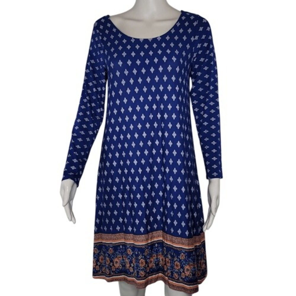 Loveappella Blue Patterned Long‎ Sleeve Criss Cross Open Back Dress